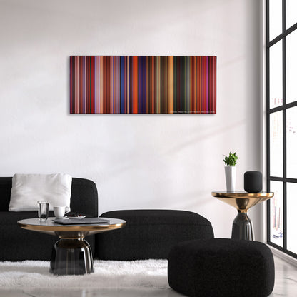Treasure Planet color palette canvas above a black sofa with a gold-topped table