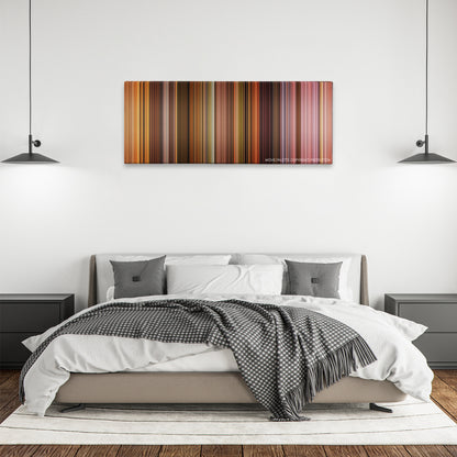 Dancer in the Dark color palette canvas above a bed, between two black pendant lamps
