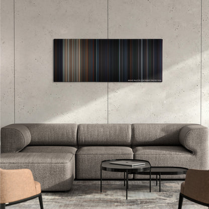 Olympus Has Fallen color palette canvas on a concrete wall above a gray sectional sofa