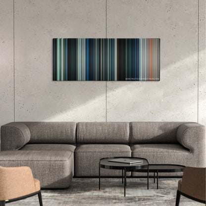 Power Rangers color palette canvas on a concrete wall above a gray sectional sofa