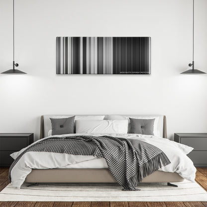 The Seventh Seal color palette canvas above a bed, between two black pendant lamps