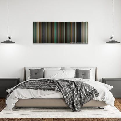 Run All Night color palette canvas above a bed, between two black pendant lamps