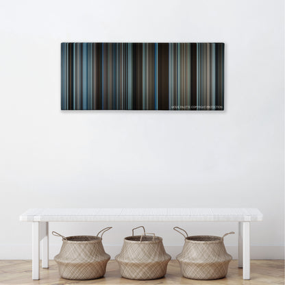 The Foreigner color palette canvas above a white bench with three woven baskets