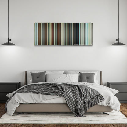 Hot Fuzz color palette canvas above a bed, between two black pendant lamps
