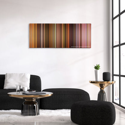 Dancer in the Dark color palette canvas above a black sofa with a gold-topped table