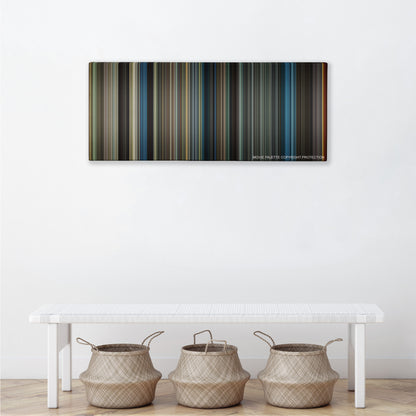 War Horse color palette canvas above a white bench with three woven baskets