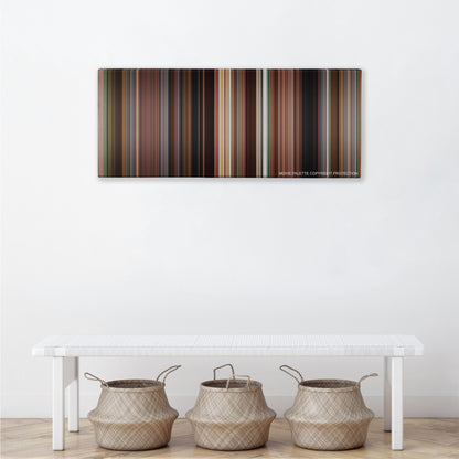 Once color palette canvas above a white bench with three woven baskets