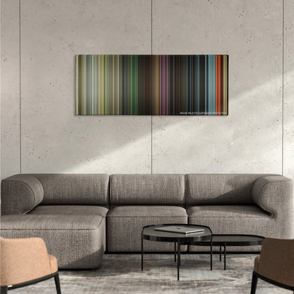The World's End color palette canvas on a concrete wall above a gray sectional sofa