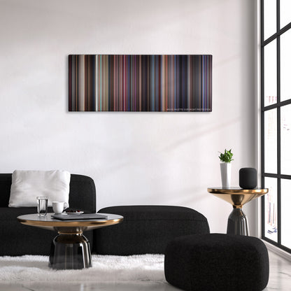 Boogie Nights color palette canvas above a black sofa with a gold-topped table