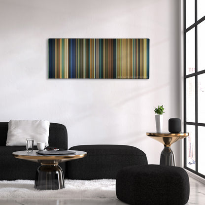 One Day color palette canvas above a black sofa with a gold-topped table