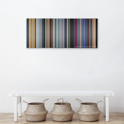 Monsters vs. Aliens color palette canvas above a white bench with three woven baskets
