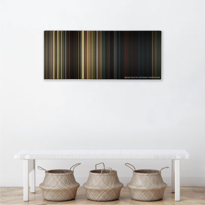 A Quiet Place color palette canvas above a white bench with three woven baskets