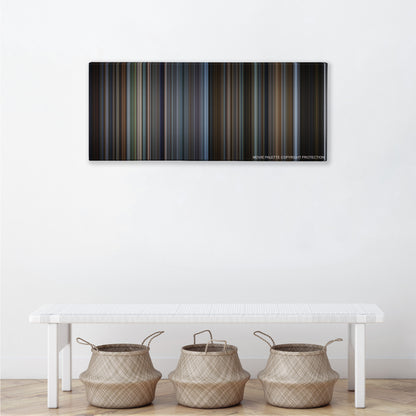 The Bourne Identity color palette canvas above a white bench with three woven baskets