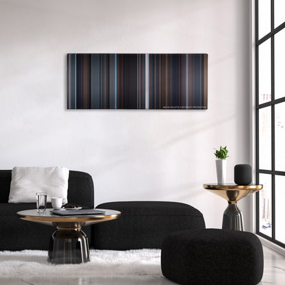 The King's Speech color palette canvas above a black sofa with a gold-topped table