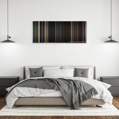 The Name of the Rose color palette canvas above a bed, between two black pendant lamps