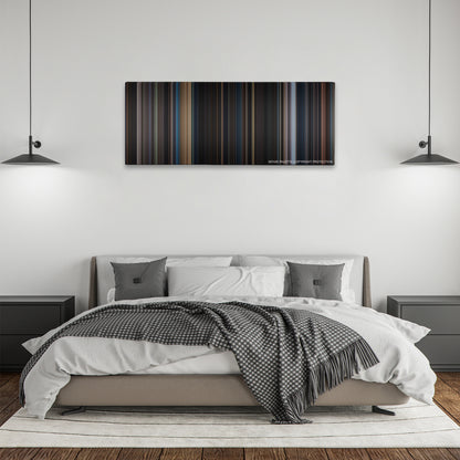 Iron Man 3 color palette canvas above a bed, between two black pendant lamps
