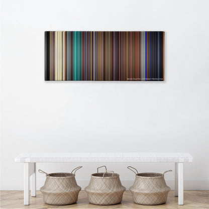 Kill Bill: Vol. 1 color palette canvas above a white bench with three woven baskets