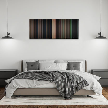 Crouching Tiger, Hidden Dragon color palette canvas above a bed, between two black pendant lamps