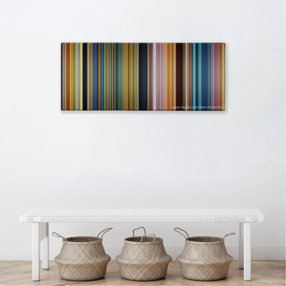 The Good Dinosaur color palette canvas above a white bench with three woven baskets