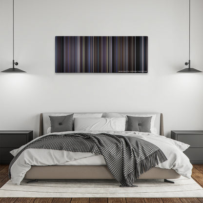 Donnie Darko color palette canvas above a bed, between two black pendant lamps