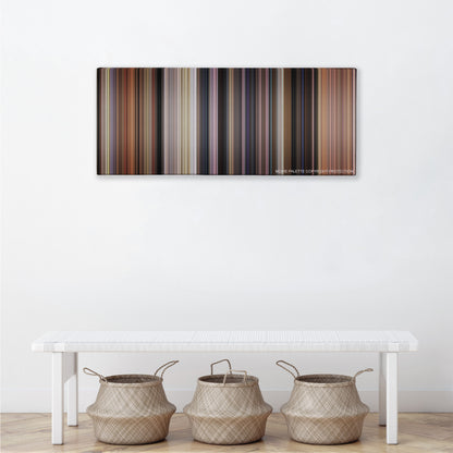 Johnny English color palette canvas above a white bench with three woven baskets