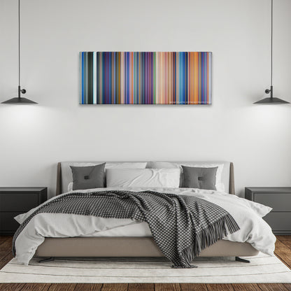 The Little Mermaid color palette canvas above a bed, between two black pendant lamps