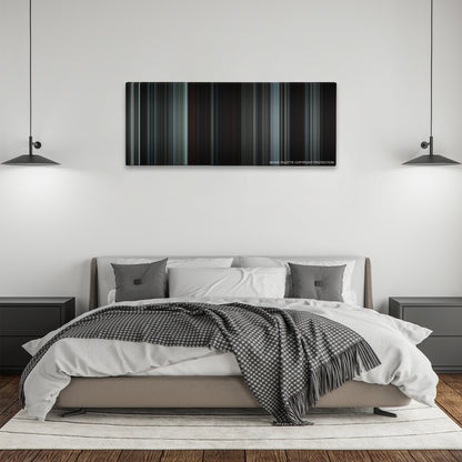 The Witch color palette canvas above a bed, between two black pendant lamps