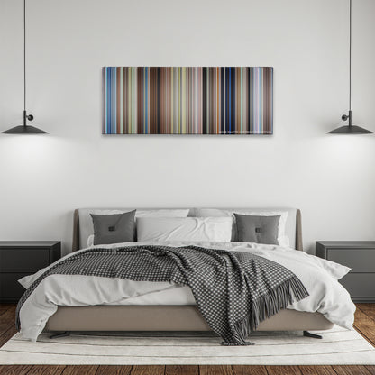 50 First Dates color palette canvas above a bed, between two black pendant lamps
