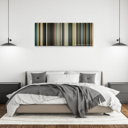Mirrors color palette canvas above a bed, between two black pendant lamps