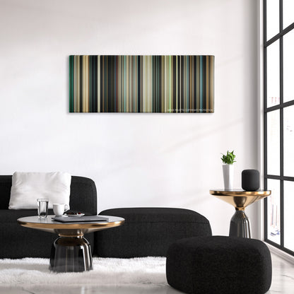 Mirrors color palette canvas above a black sofa with a gold-topped table