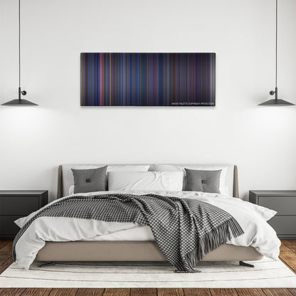 Crimson Tide color palette canvas above a bed, between two black pendant lamps