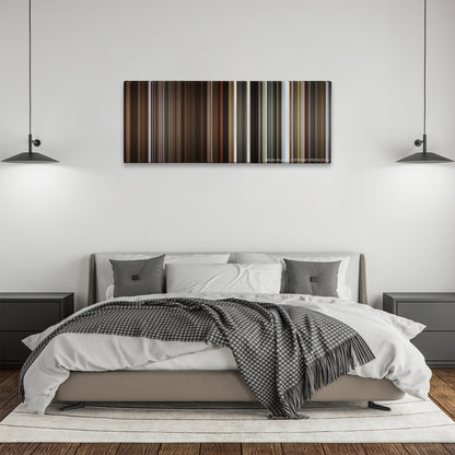 Brooklyn color palette canvas above a bed, between two black pendant lamps