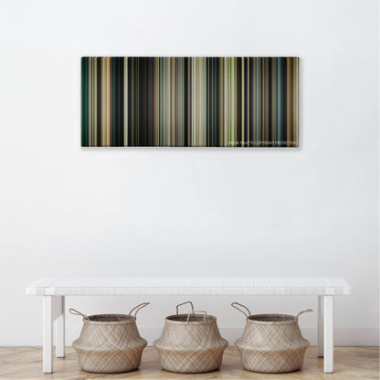 Mirrors color palette canvas above a white bench with three woven baskets