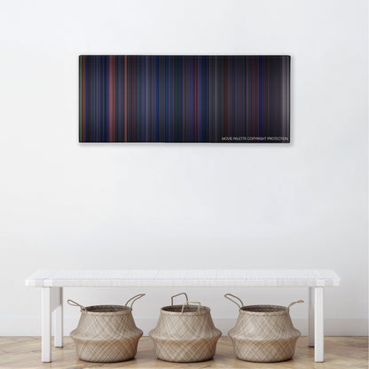 Crimson Tide color palette canvas above a white bench with three woven baskets