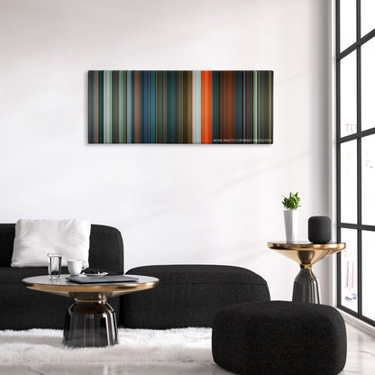 Saw VI color palette canvas above a black sofa with a gold-topped table