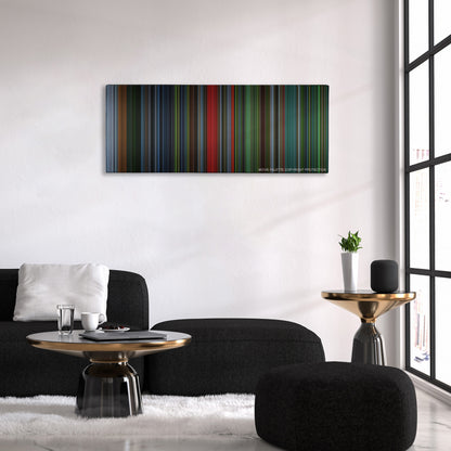 Saw IV color palette canvas above a black sofa with a gold-topped table