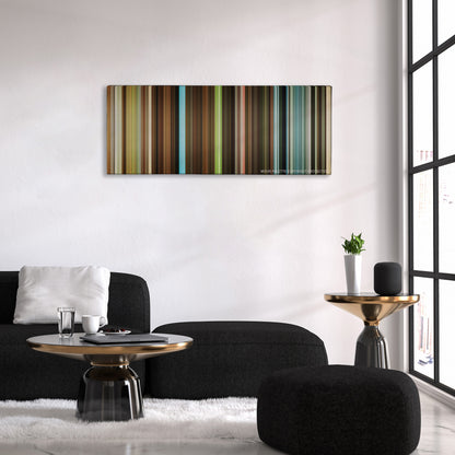 Jojo Rabbit color palette canvas above a black sofa with a gold-topped table