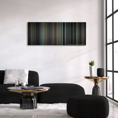 Inside Llewyn Davis color palette canvas above a black sofa with a gold-topped table