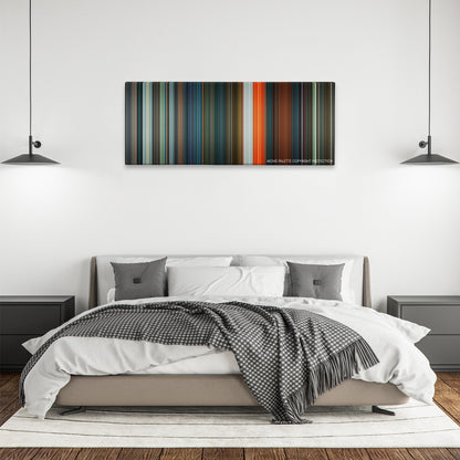 Saw VI color palette canvas above a bed, between two black pendant lamps