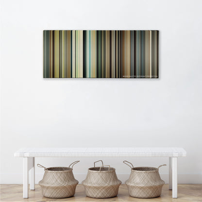 Unbroken color palette canvas above a white bench with three woven baskets