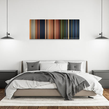 Monster House color palette canvas above a bed, between two black pendant lamps