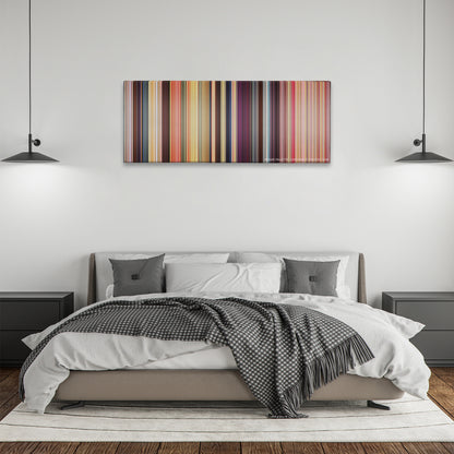 The Waterboy color palette canvas above a bed, between two black pendant lamps