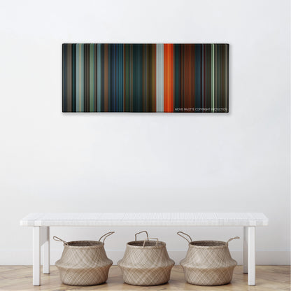 Saw VI color palette canvas above a white bench with three woven baskets