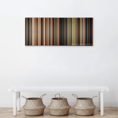 Marie Antoinette color palette canvas above a white bench with three woven baskets