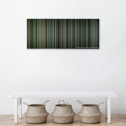 Man on a Ledge color palette canvas above a white bench with three woven baskets