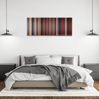 Tenacious D in the Pick of Destiny color palette canvas above a bed, between two black pendant lamps