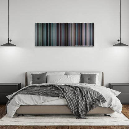 Brokeback Mountain color palette canvas above a bed, between two black pendant lamps