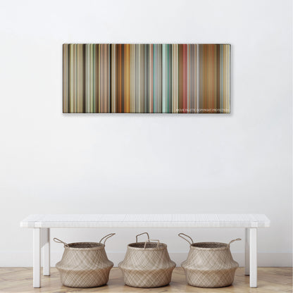 This Is England color palette canvas above a white bench with three woven baskets