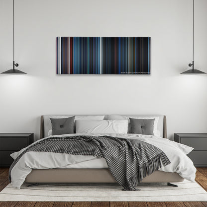 Ghost in the Shell color palette canvas above a bed, between two black pendant lamps