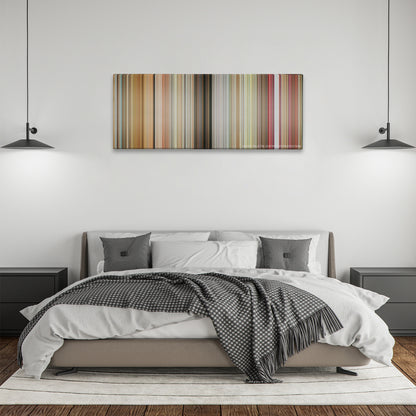 Little Miss Sunshine color palette canvas above a bed, between two black pendant lamps